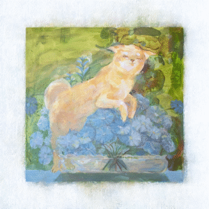 笑瞇瞇柴犬和藍色的花